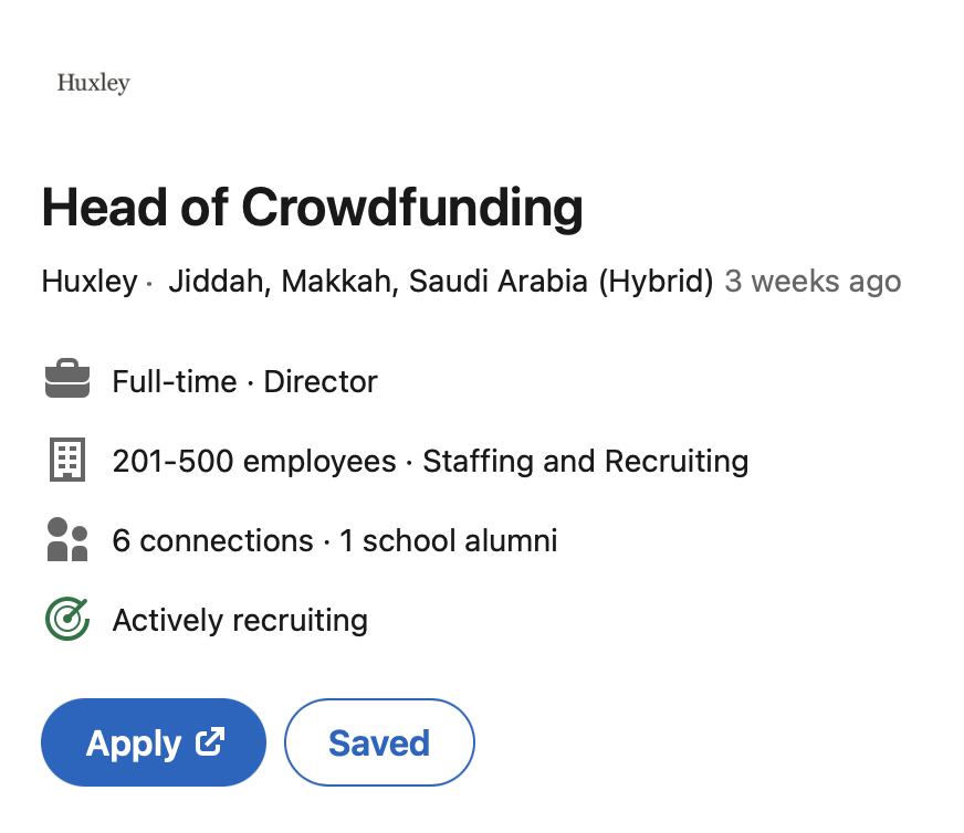 Another interesting job: Head of Crowdfunding, Saudi Arabia preferable PlatoBlockchain Data Intelligence. Vertical Search. Ai.