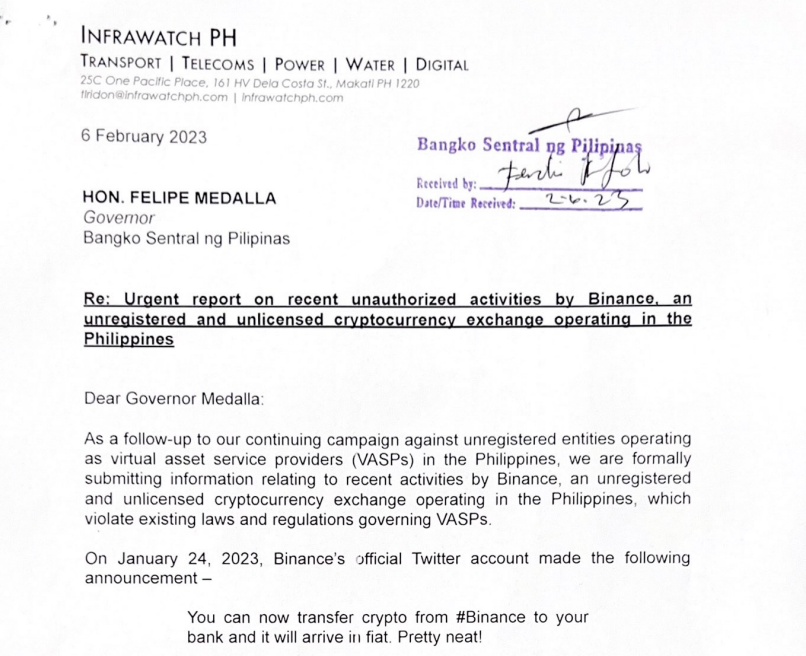 Infrawatch Reports Binance to BSP for Unlicensed Operations Amid Crypto to Bank Feature, Community Meetups Infrawatch PH PlatoBlockchain Data Intelligence. Vertical Search. Ai.