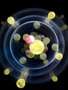 Sfere galbene și sfere galbene atașate la sferele roșii (reprezentând atomi de sodiu și molecule de sodiu-litiu) care sărită într-un spațiu restrâns