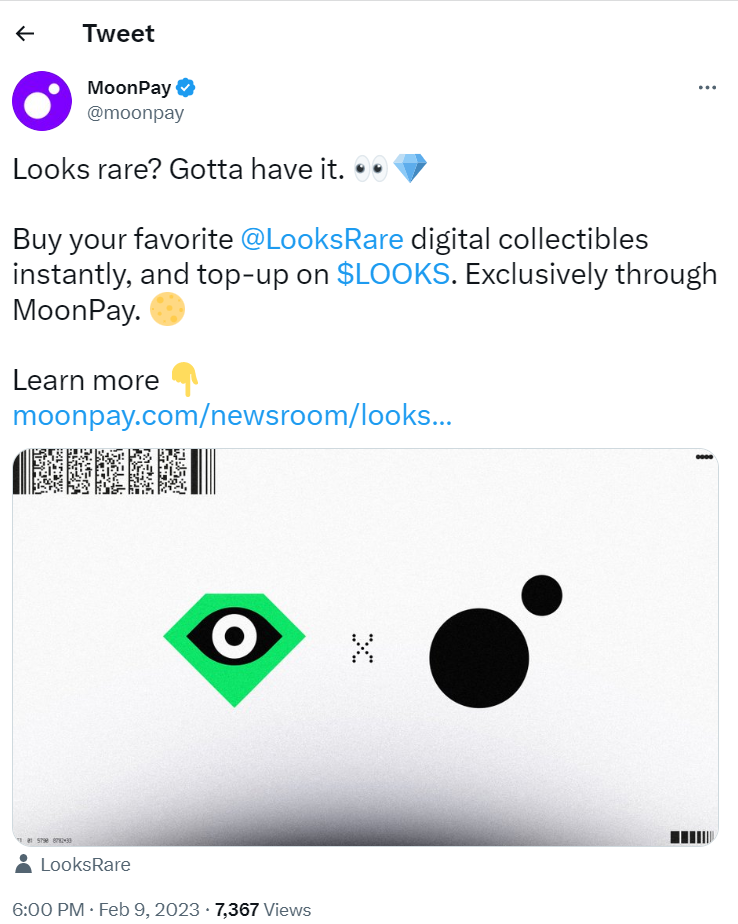 Moonpay Joins LooksRare, Provides Easy NFT Purchases LooksRare PlatoBlockchain Data Intelligence. Vertical Search. Ai.