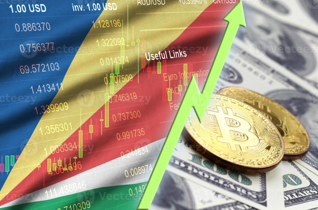 セーシェルの国旗とドル紙幣上の 2 ビットコインによる暗号通貨の成長傾向の写真