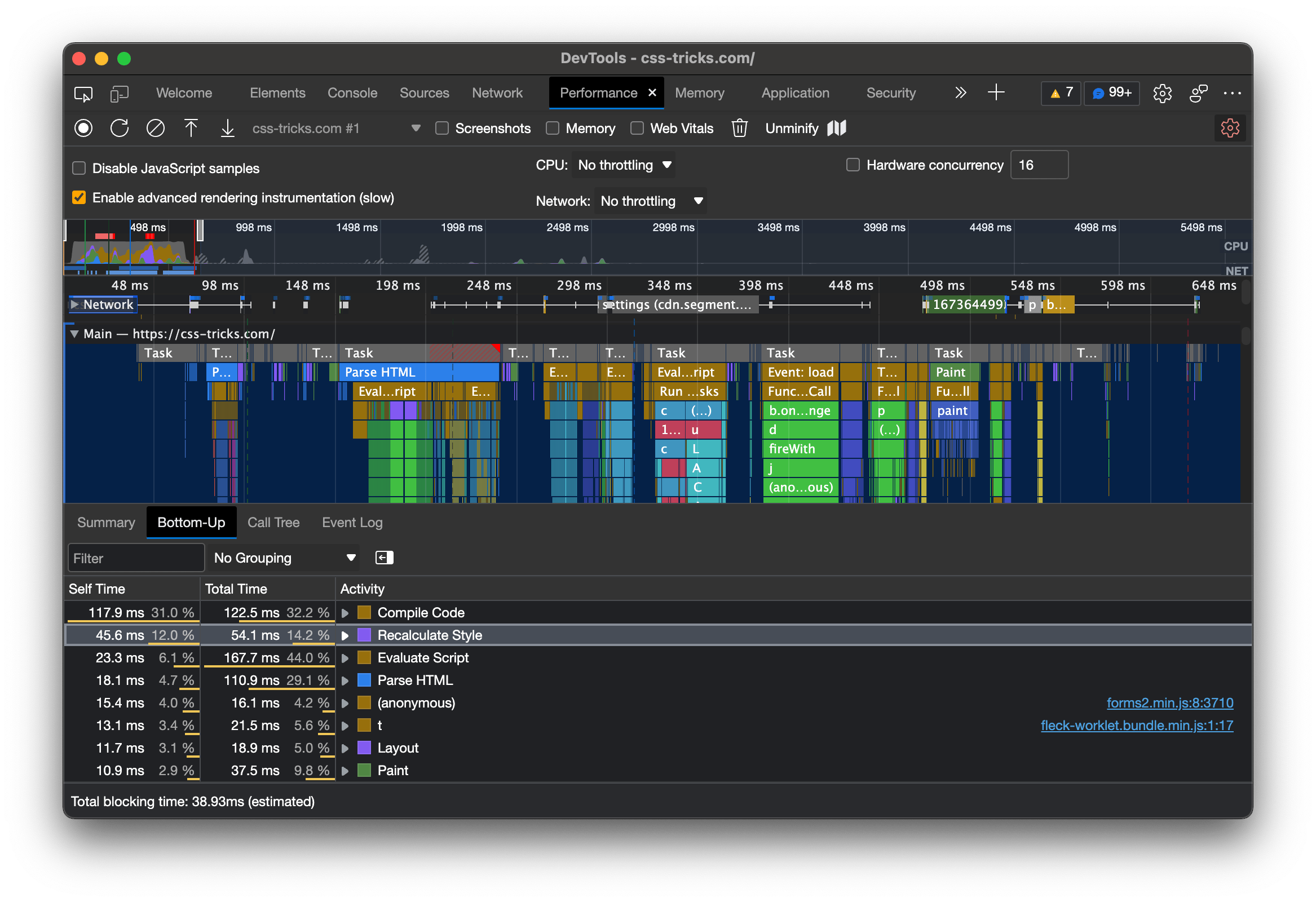 DevTools with Performance tab open and a summary of events.