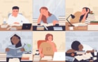 Akvarellillustration av sex studenter som kämpar ensamma med arbetsbelastning och stress