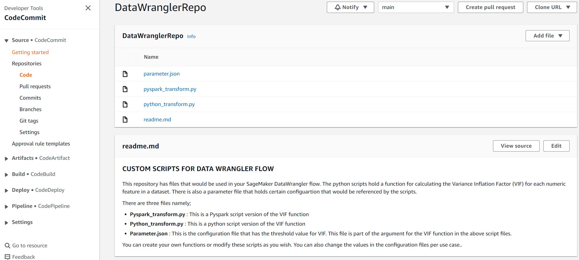 أنشئ مكتبات تعليمات برمجية مخصصة لتدفقات بيانات Amazon SageMaker Data Wrangler باستخدام AWS Code Commit PlatoBlockchain Data Intelligence. البحث العمودي. منظمة العفو الدولية.
