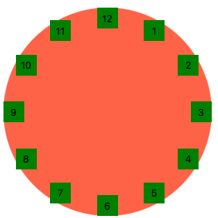 ٹماٹر کے رنگ کا بڑا دائرہ جس کے گول کنارے کے ساتھ گھنٹہ نمبر کے لیبل ہیں۔