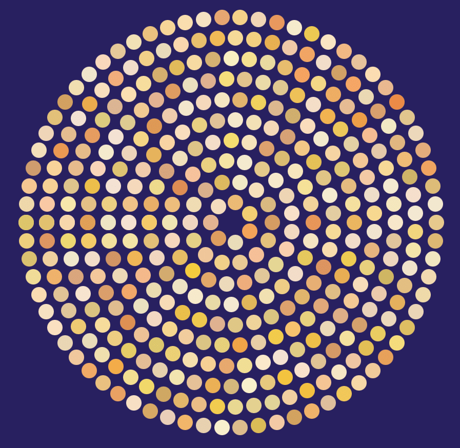 یک دایره بزرگ از یک دسته دایره های کوچکتر پر از رنگ های مختلف خاکی تشکیل شده است.