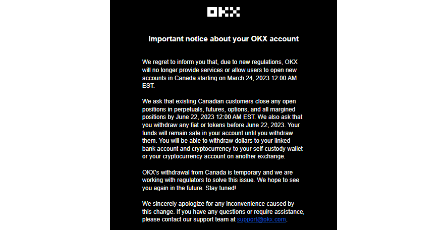 صرف العملات المشفرة OKX للخروج من السوق الكندية بحلول يونيو 2023 بسبب اللوائح الجديدة
