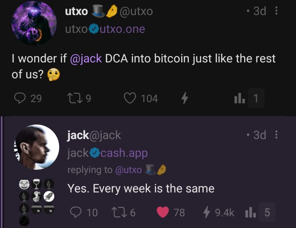 O ex-chefe do Twitter, Jack Dorsey, sugere que ele faz compras de Bitcoin semanalmente