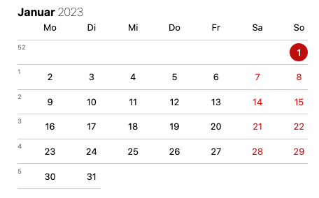 2023 年 XNUMX 月のカレンダー グリッド。