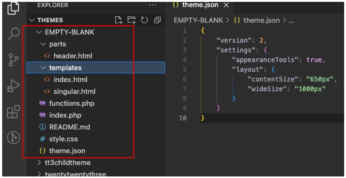 مستكشف ملفات VS Code على اليسار وملف theme.json مفتوح على اليمين.