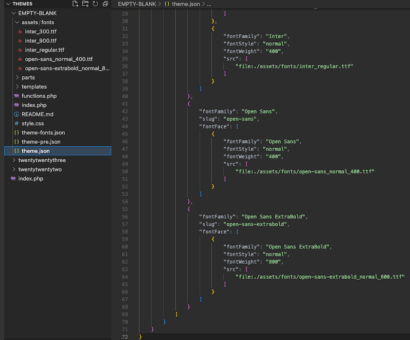 קוד VS המציג את קובצי הגופן והפניות לקובץ theme.json לגופן.