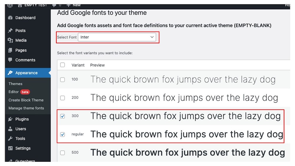 Tambahkan Google Fonts ke layar tema Anda dengan pilihan Inter dan ketik contoh di bawahnya dari berbagai variasi bobot.