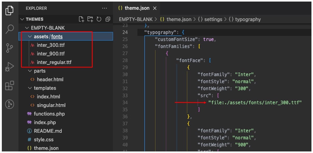 VS Code fájlkezelő a bal oldalon, amely Inter font fájlokat mutat; theme.json a jobb oldalon, amely az Inter hivatkozásokat mutatja.