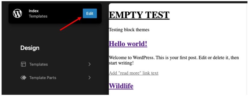 Wordpress Site Editor-scherm met geopend navigatiepaneel en de knop Bewerken gemarkeerd.