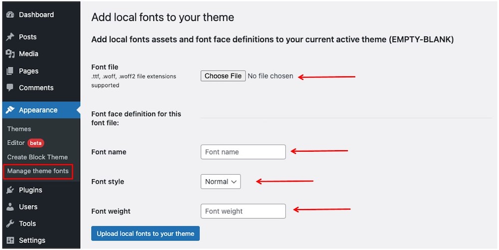 Tambahkan font lokal ke layar tema Anda dengan opsi untuk mengunggah file font dan mengatur nama, gaya, dan bobotnya.