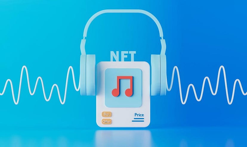 Πρόγραμμα αναπαραγωγής μουσικής με ακουστικά που παίζουν Music NFT.