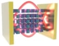Illusztráció, amely egy optikai üreg két tükre között elhelyezkedő részecskék kristályos tömbjét mutatja