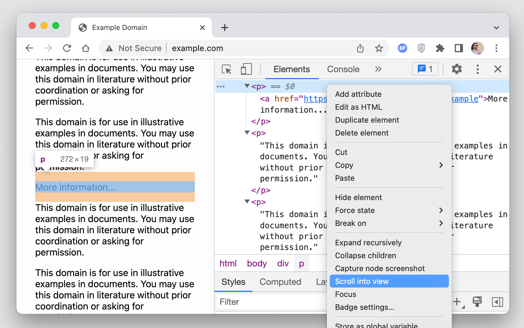 Mostrando um nó realçado em uma página da web com um menu contextual aberto para rolar para exibição
