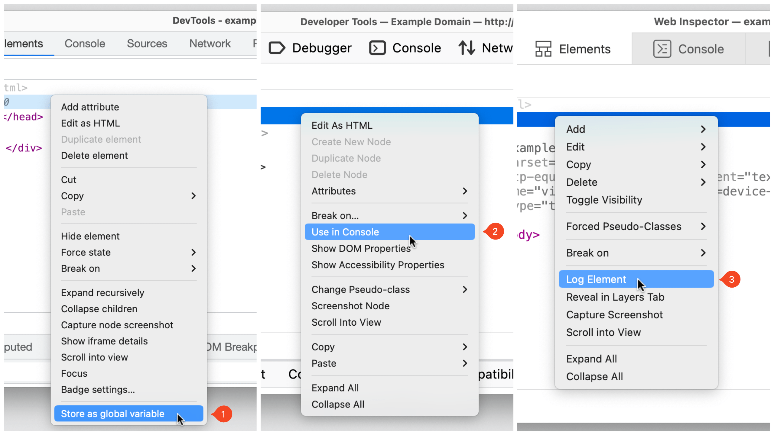 Skærmbillede af DevTools kontekstuelle menuer i alle tre browsere.