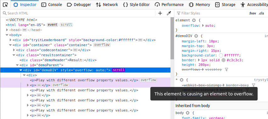 شارة Overflow في Firefox DevTools الموجودة في لوحة HTML