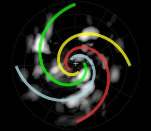Spiralarmer av gass og støv flekket rundt en massiv protostjerne