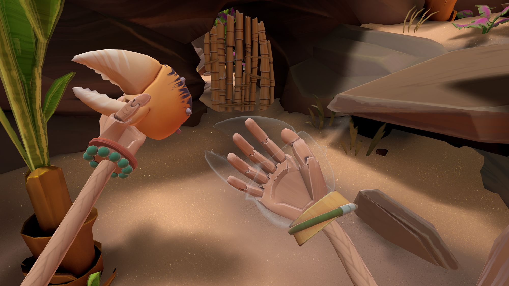 Mocowanie pazura kraba do dłoni na plaży w grze w rzeczywistości wirtualnej Another Fisherman's Tale.
