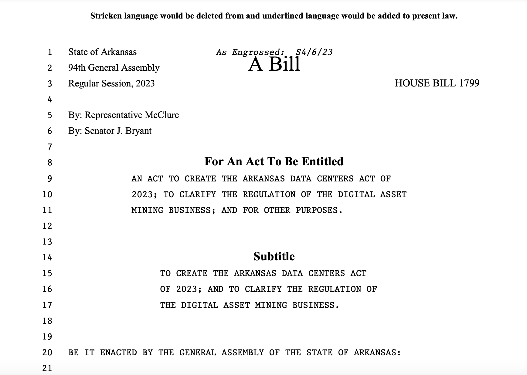 Projeto de lei que protege os direitos de mineração do Bitcoin passa no Senado e na Câmara de Arkansas