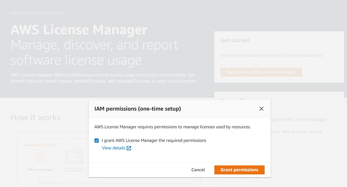 5. ábra: Az AWS License Manager egyszeri beállítási oldala az IAM-engedélyekhez