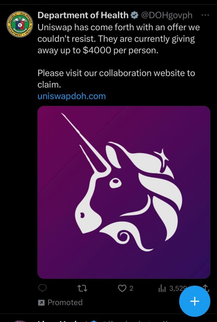 Department of Health Philippines’ Twitter Account Briefly Hacked, Promoting Fake Uniswap Airdrop PlatoBlockchain Data Intelligence. Vertical Search. Ai.