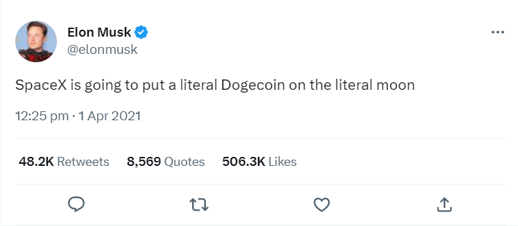 埃隆·马斯克在推特上表示，他将在月球上放置狗狗币