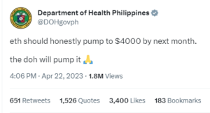 La cuenta de Twitter del Departamento de Salud todavía afirma que "bombeará ETH"