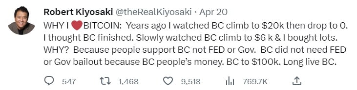 Bogaty ojciec, biedny ojciec Robert Kiyosaki opowiada, dlaczego kocha Bitcoin — spodziewa się, że BTC osiągnie 100 XNUMX $