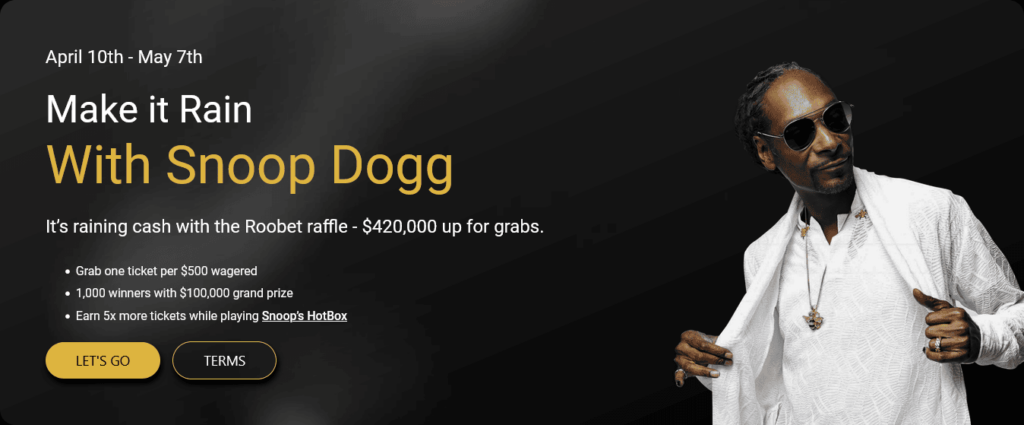 Roobet Casino’s Make it Rain Raffle with Snoop Dog- $100,000 up for grabs Free Spins PlatoBlockchain Data Intelligence. Vertical Search. Ai.