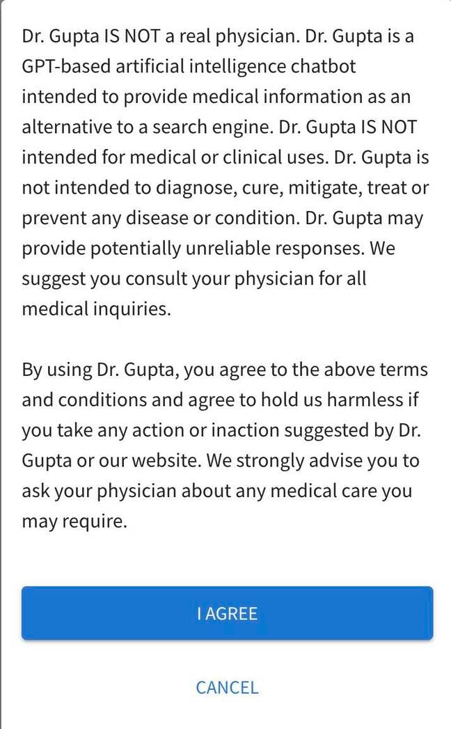 Schermata della dichiarazione di non responsabilità del Dr. Gupta