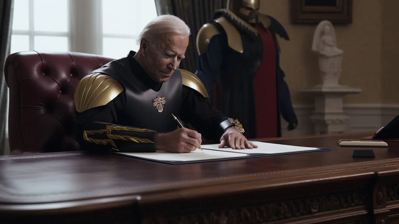 Joe Biden sebagai spartan intergalaksi, diciptakan dengan MidJourney.
