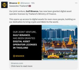 Binance Joint Venture otrzymuje licencję w Tajlandii | BitPinas
