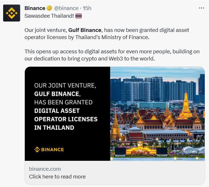 La coentreprise Binance obtient une licence en Thaïlande | BitPinas