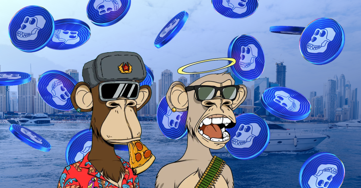 To kjedede aper ligger i lag foran regnende ApeCoins