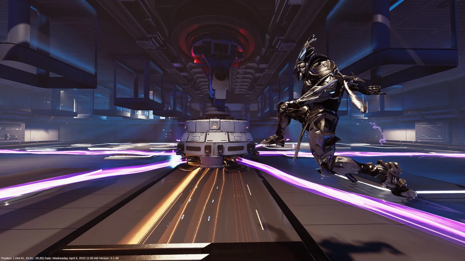 Zrzut ekranu z Proving Grounds przedstawiający Reyu przeskakującą przez fioletowe lasery w dystopijnym środowisku magazynu scifi.
