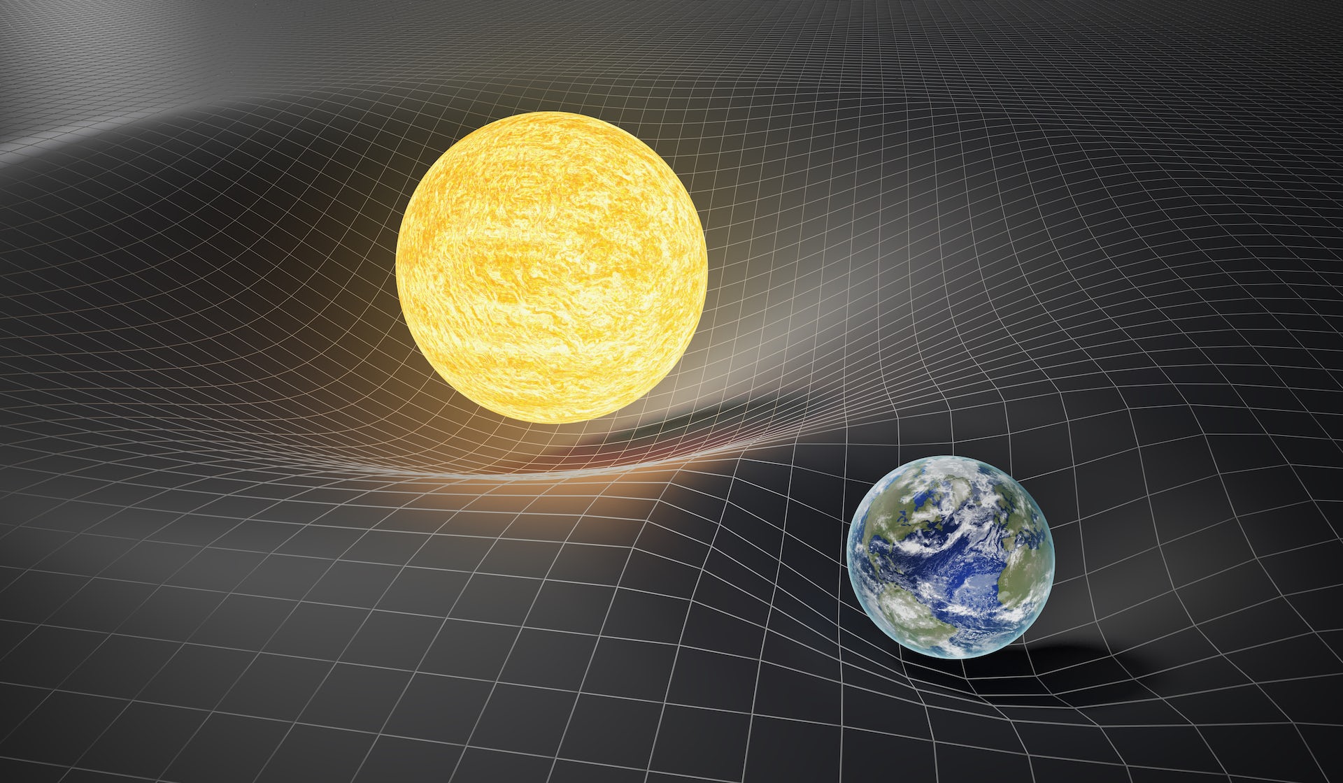 Diagram yang menunjukkan ruang melengkung Matahari dan Bumi.