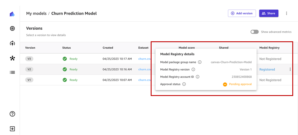 Amazon SageMaker Model Registry PlatoBlockchain Data Intelligence を使用して、Amazon SageMaker Canvas で構築された ML モデルを本番環境で運用可能にします。垂直検索。あい。