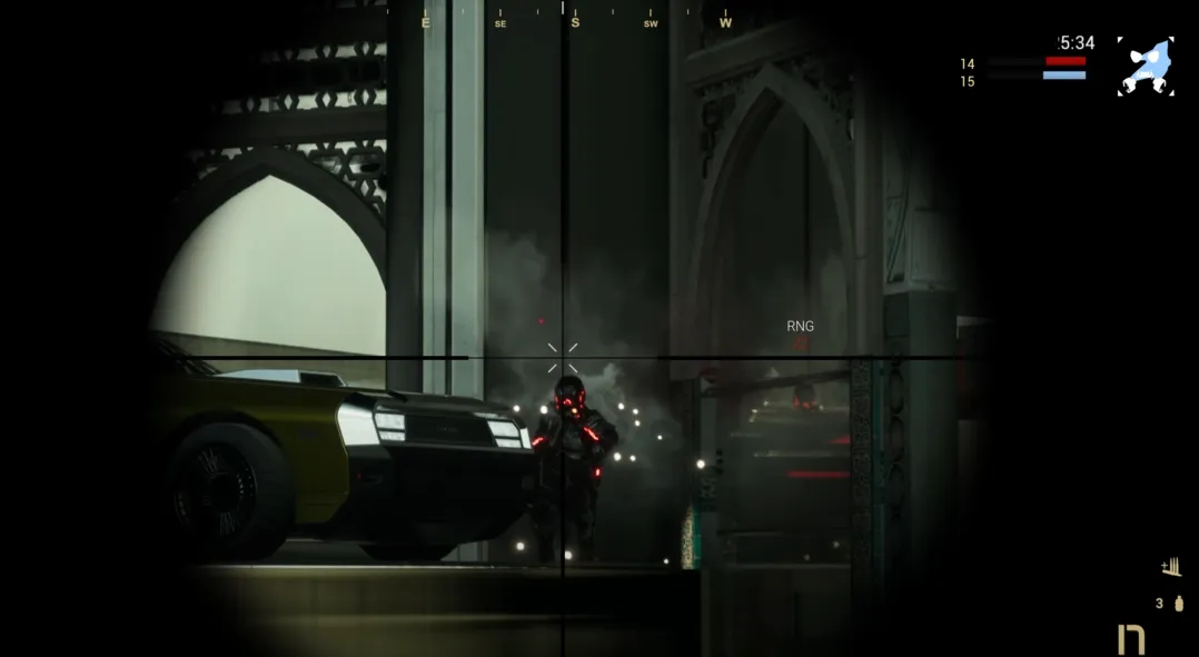 Skærmbillede fra førstepersons våbenspil, der viser et snigskyttesigte på en robots hoved.