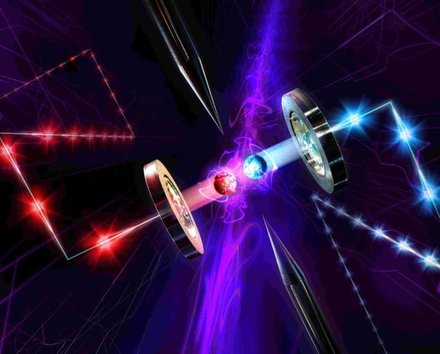 An artist's impression of the trapped ions at the heart of the quantum repeater node. The area around the blue and red ions crackles as with electricity, and each ion is connected to lines representing optical fibres.