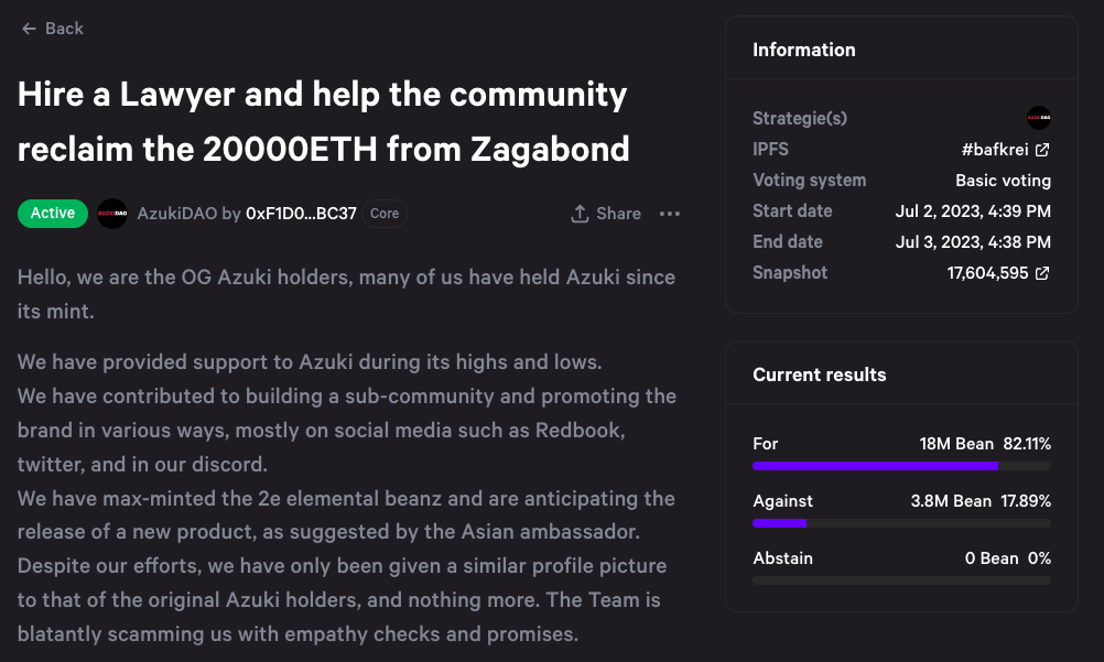 AzukiDAO proposes to recover 20,000 ETH from Azuki founder ‘Zagabond’ NFT community PlatoBlockchain Data Intelligence. Vertical Search. Ai.