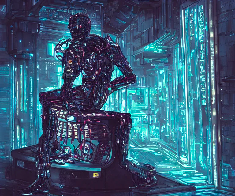 Spørgsmål: "gennemskinnelig cyborg sidder på en metaltrone i et futuristisk slot, cyberpunk, meget detaljerede, skarpe linjer, neonlys"
