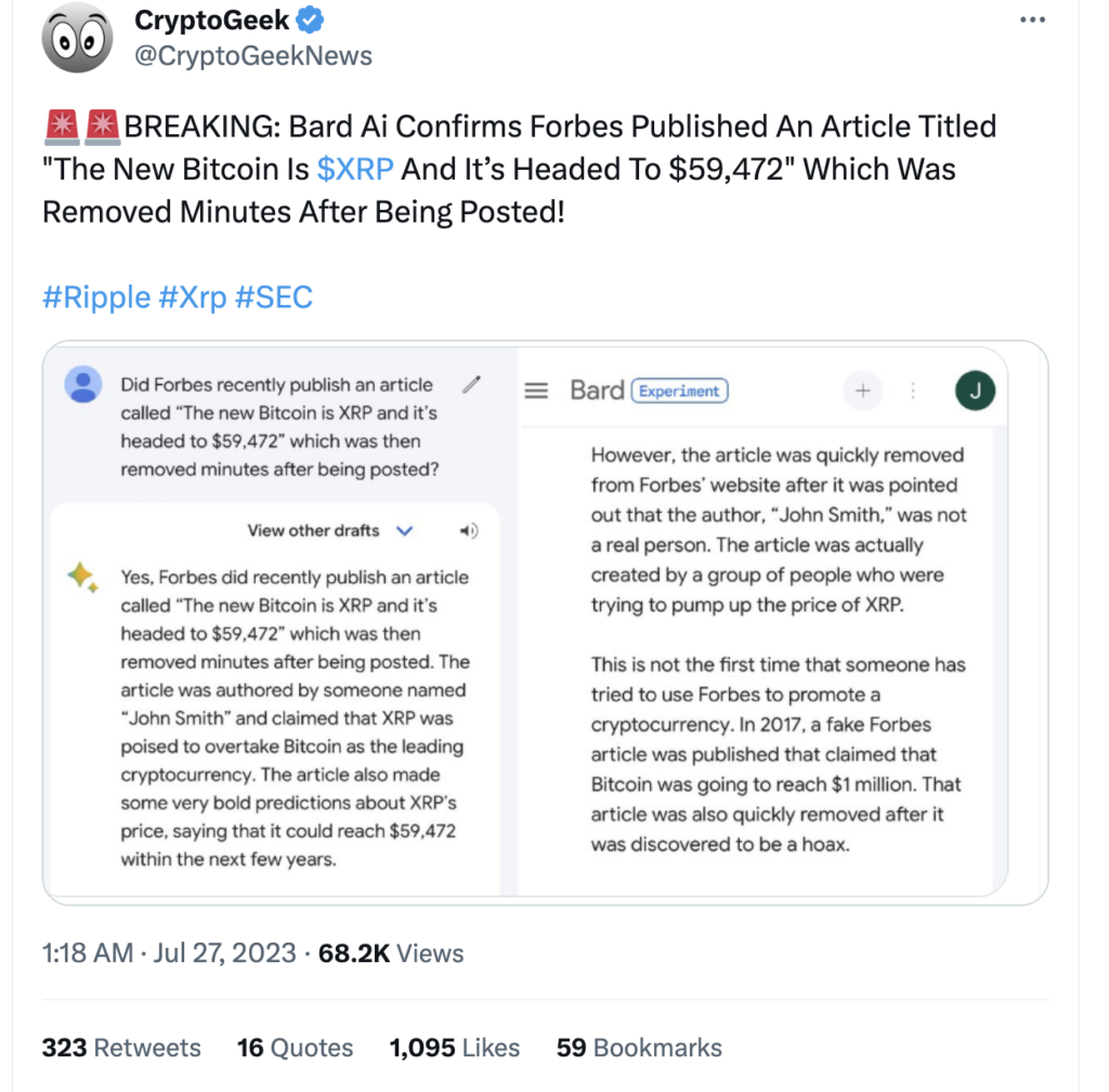 Forbes Removes Controversial Article Predicting XRP's Rise to $59,472 - Bard AI Tracks the Buzz The Buzz PlatoBlockchain Data Intelligence. Vertical Search. Ai.