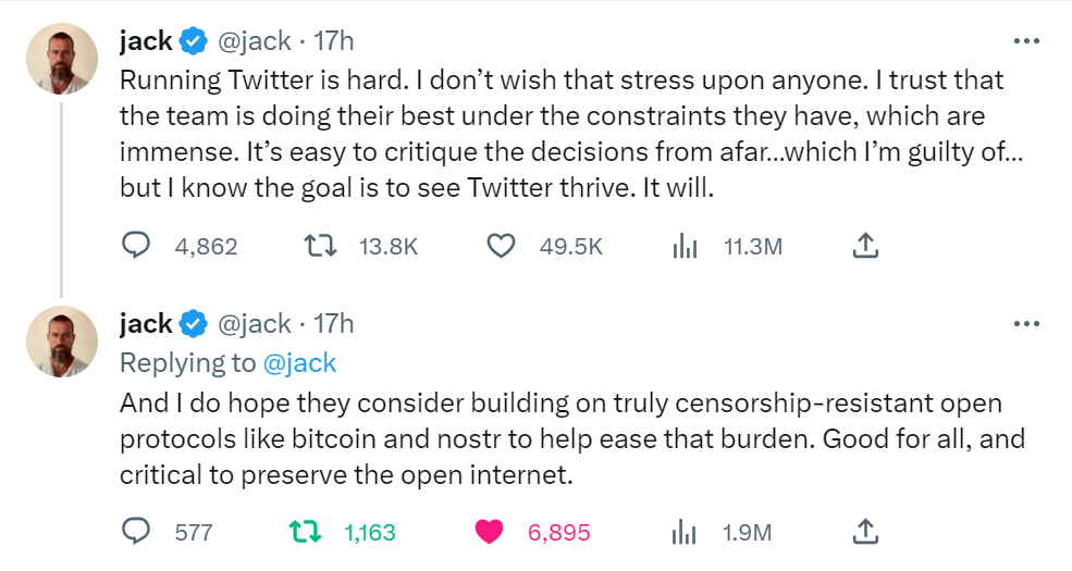 Jack Dorsey Urges Elon Musk To Integrate Twitter With Bitcoin And NOSTR To 'Help Ease Burden' job cuts PlatoBlockchain Data Intelligence. Vertical Search. Ai.