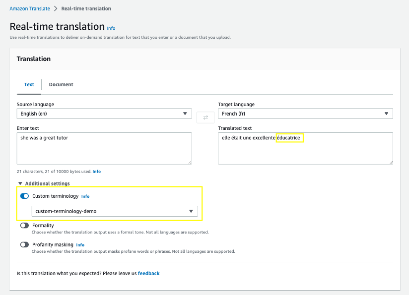 Amazon Translate forbedrer sin brugerdefinerede terminologi for at forbedre oversættelsesnøjagtigheden og flydende | Amazon Web Services PlatoBlockchain Data Intelligence. Lodret søgning. Ai.