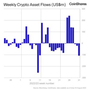 Bitcoin skladi beležijo tedenske odlive v višini 111 milijonov dolarjev, največ od marca: CoinShares