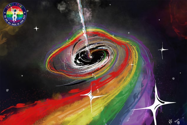 Painting of rainbow-coloured whirlpool in space